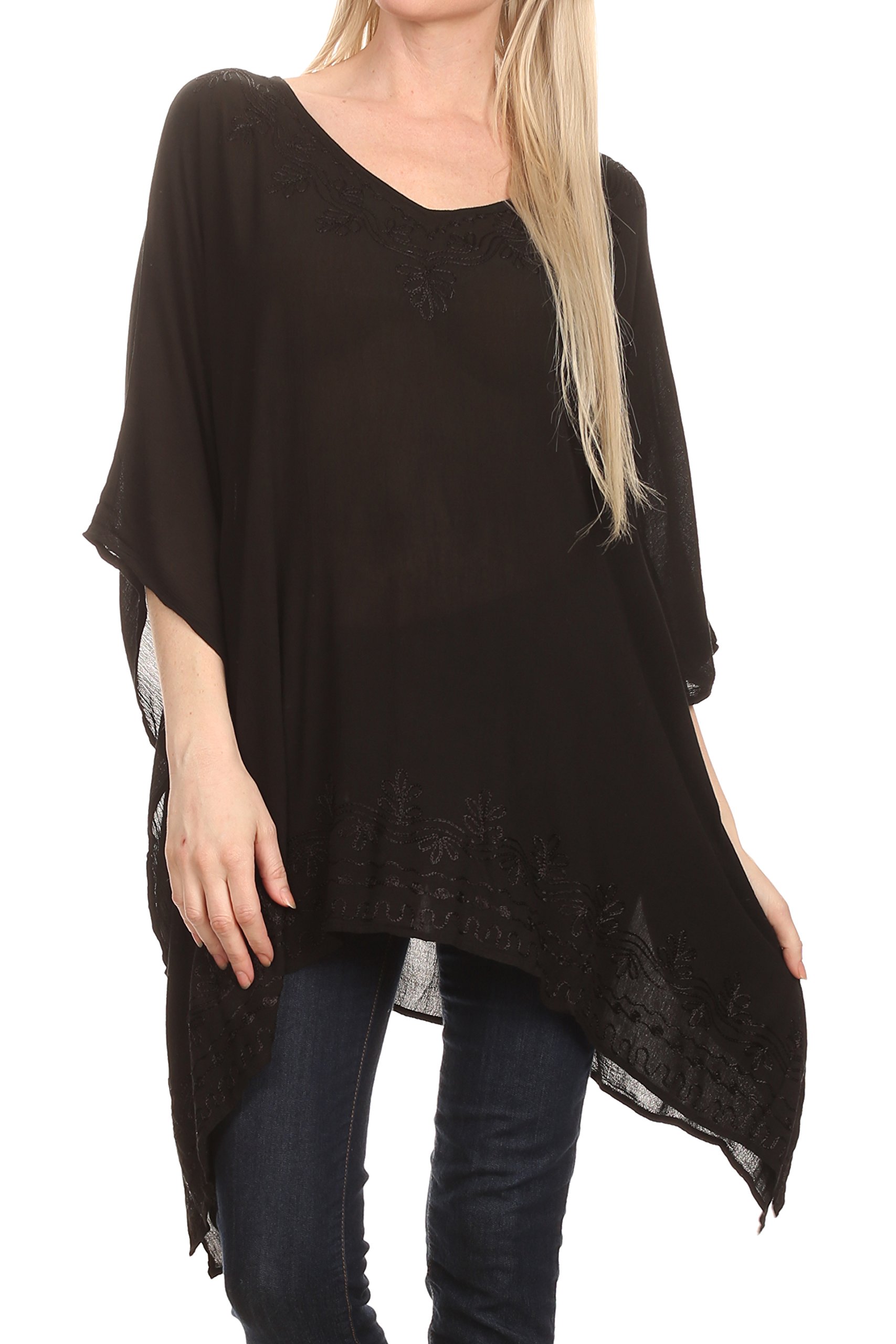 Sakkas K2022S - Wren Lightweight Circle Poncho Top Blouse with Detailed Embroidery - Black - OS