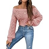 WDIRARA Women's Off Shoulder Long Sleeve Hollow Out Sheer Knit Soft Crop Top Sweater