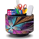 WEEMAGIC Remote Control Holder Round Leather Art Supply Organizer, PU Leather Pencil Stationery Desk Storage Makeup Organizer for Heater Controllers TV Remotes, 4 Compartments, 360 Degree Spinning