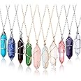10 Pieces Hexagonal Crystal Pendant Necklace, Natural Quartz Stone Pendant Necklace, Healing Crystal Full Wire Wrap Gemstone Necklace for Women Girls