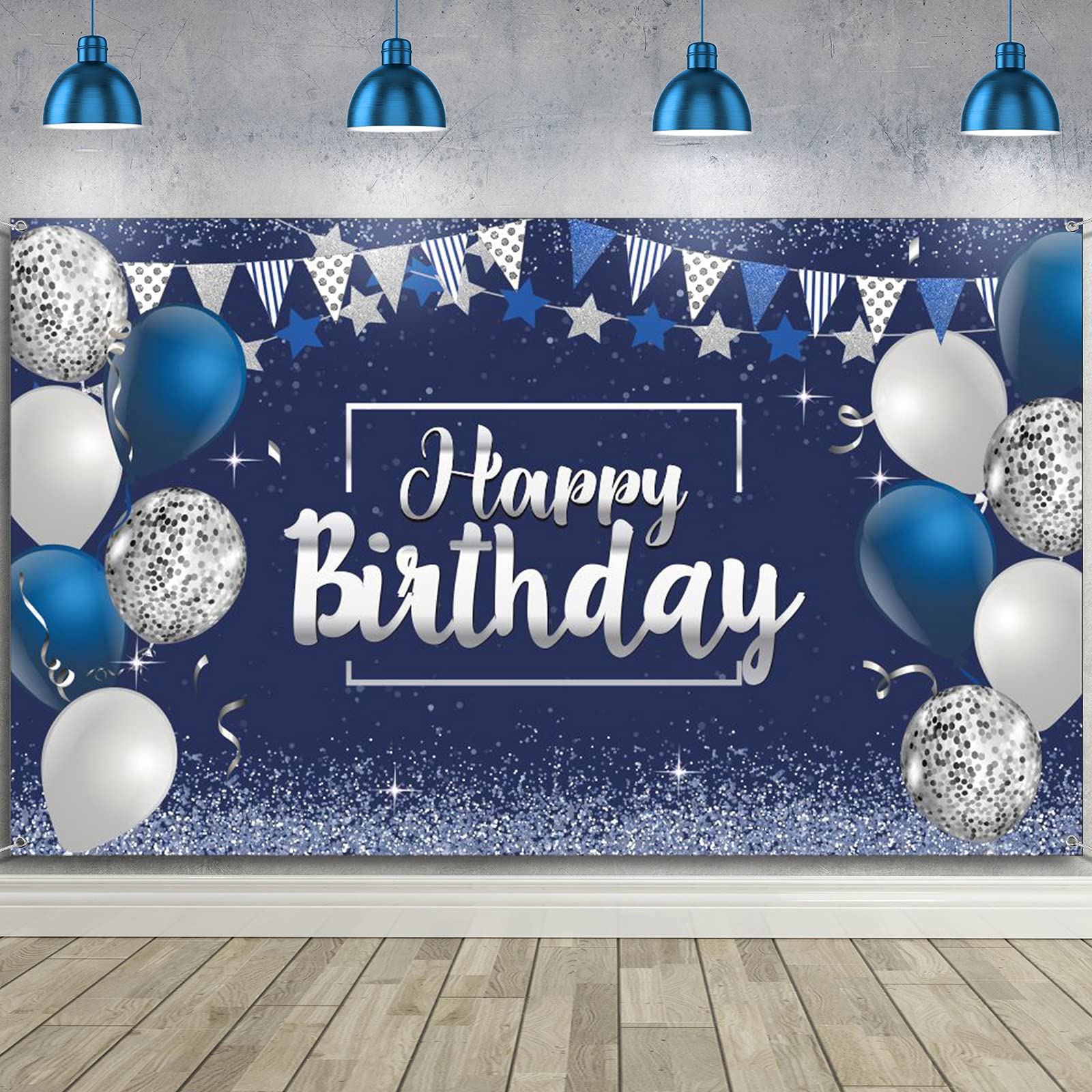 Photo 1 of Tatuo Happy Birthday Decorations Backdrop Banner, Glitter Birthday Backdrop Sign Poster Party Supplies Photo Background for Men Women, 72.8 x 43.3 Inch(Silver and Navy Blue)