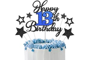 OFFICREATIVE Happy 13th Birthday Cake Toppers, Black Blue Glitter Cake Decorations Set, 13th Birthday Decor, Birthday Anniversary Party Decorations Supplies