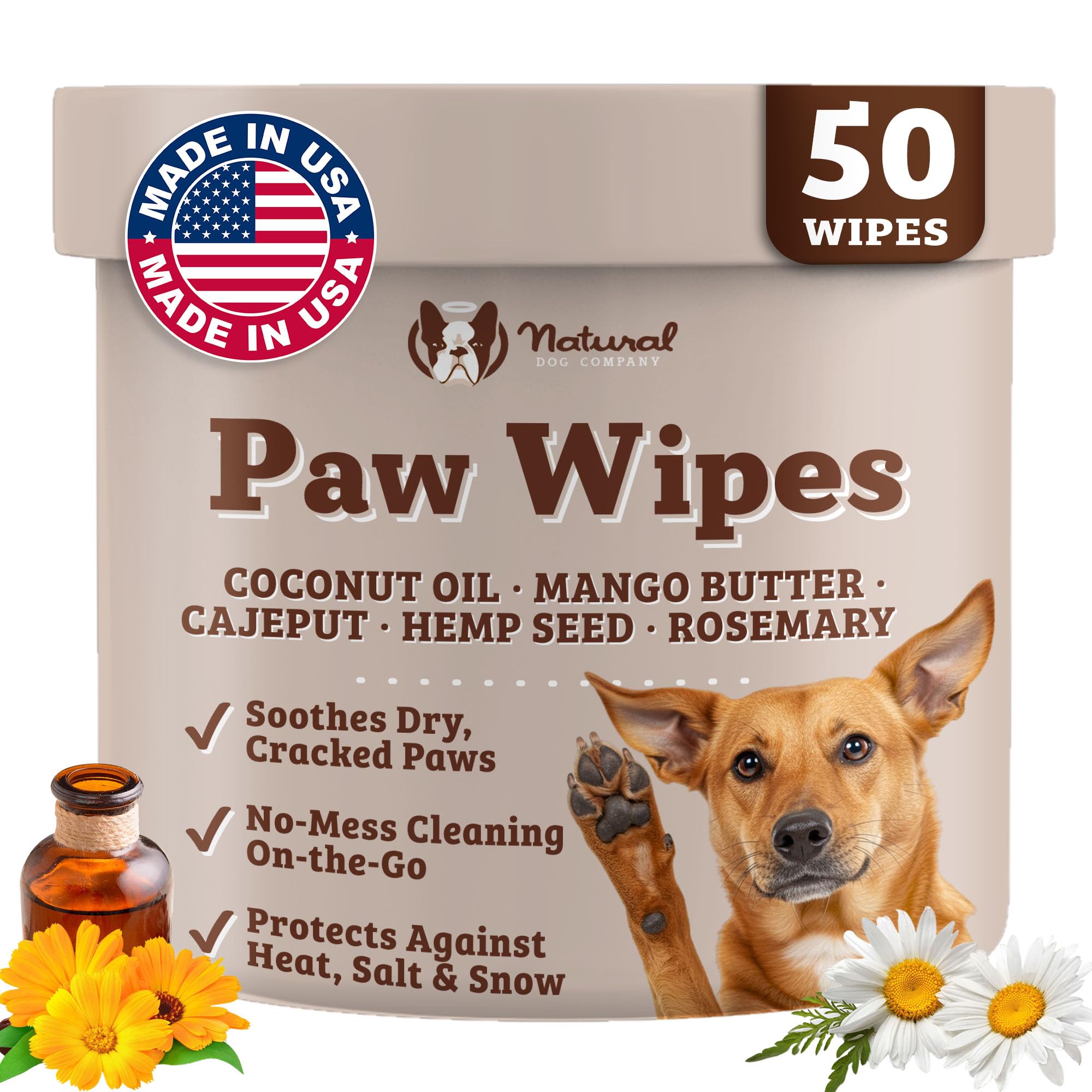 Natural Dog Paw Wipes -50 Ct- Organic, Vegan Pet Paw Wipes for Dogs, Eco-Friendly Dog Paw Wipes for Dogs, Ideal for Removing Dirt, Allergens & Moisturizes Dry Cracked Paws, Coconut Oil & Cocoa Butter