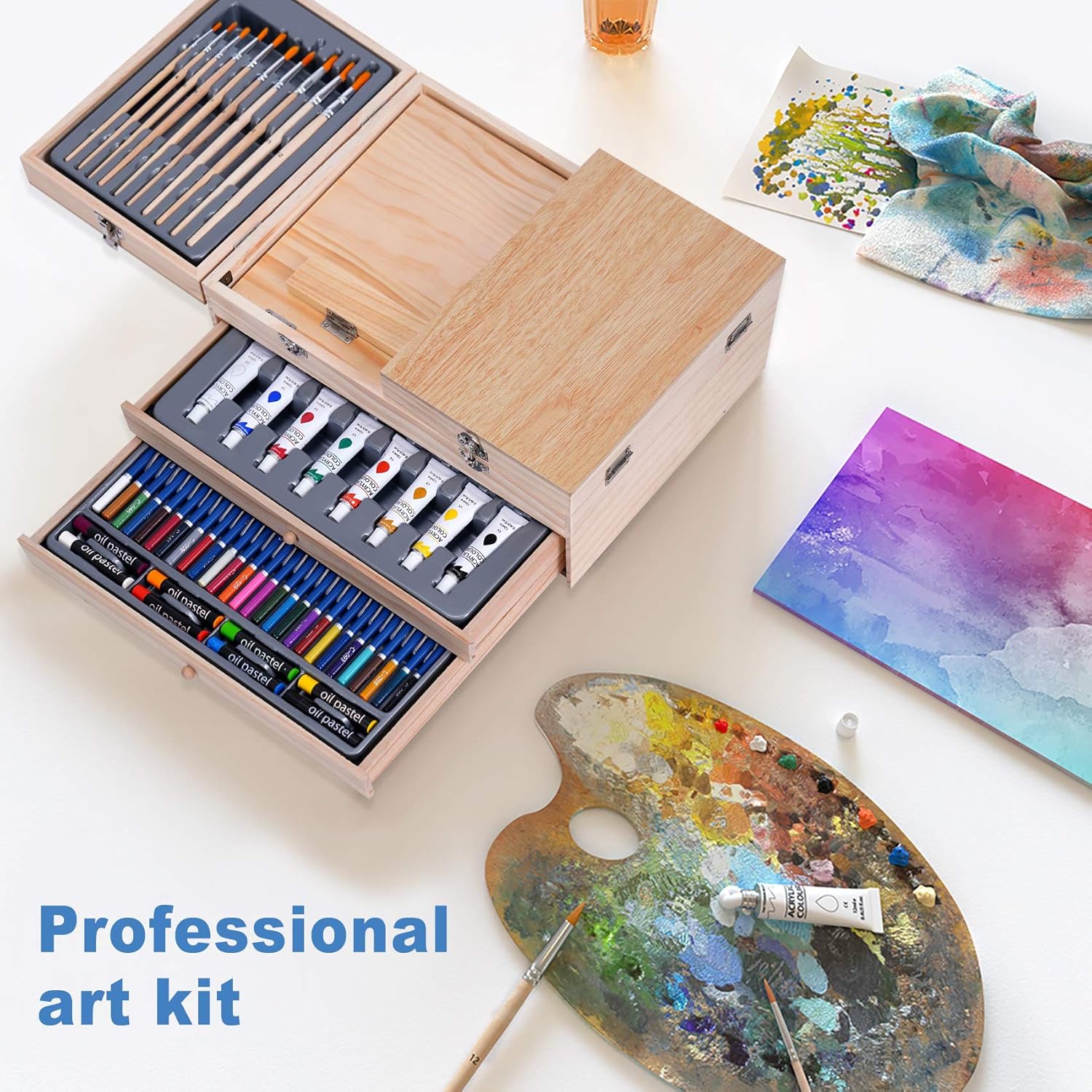 Art Set 85 Piece with Built-in Wooden Easel, 2 Drawing Pad, Art Supplies in Portable Wooden Case-Painting & Drawing Set Professional Art Kit