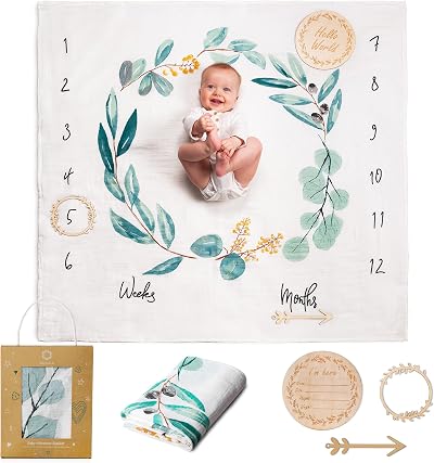 ODOXIA Baby Milestone Blanket Leaves Cotton Muslin 115 x 115 cm Includes Frames