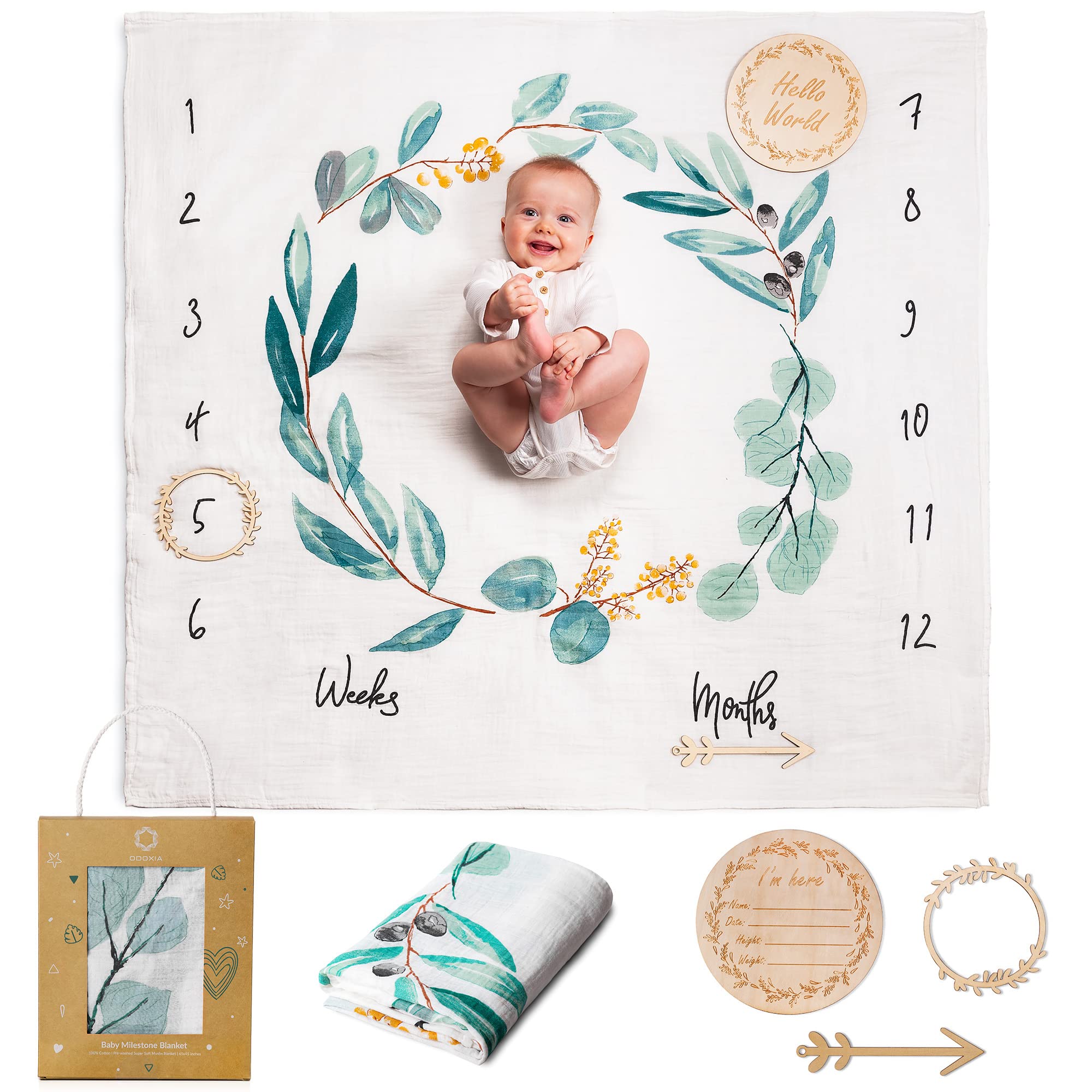 Baby Milestone Blanket | Cotton Muslin Swaddle Blanket | Monthly Photo Mat for Newborn Boy or Girl, Unisex | Leaves | Personalised Baby Shower Present for New Mums | Age Mat | Includes Wooden Frames