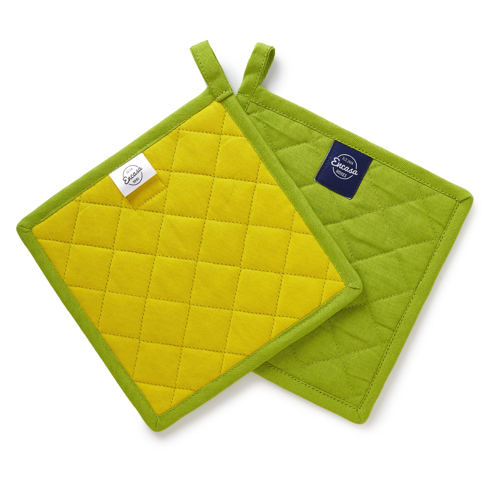 Encasa XO Heat Resistant Cotton Pot Holders With Hanging Loop - Set Of 2 - Lime Green - Multipurpose Quilted Everyday Hot Pad For Kitchen, Camping, BBQ & Microwave - 21 cm