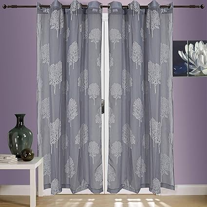 Linenwalas Elegant Rubber Tree Print Design Non Blackout Sheer Door Curtain with Eyelet Rings - Set of 2 - Silver - 4.5ftx7ft