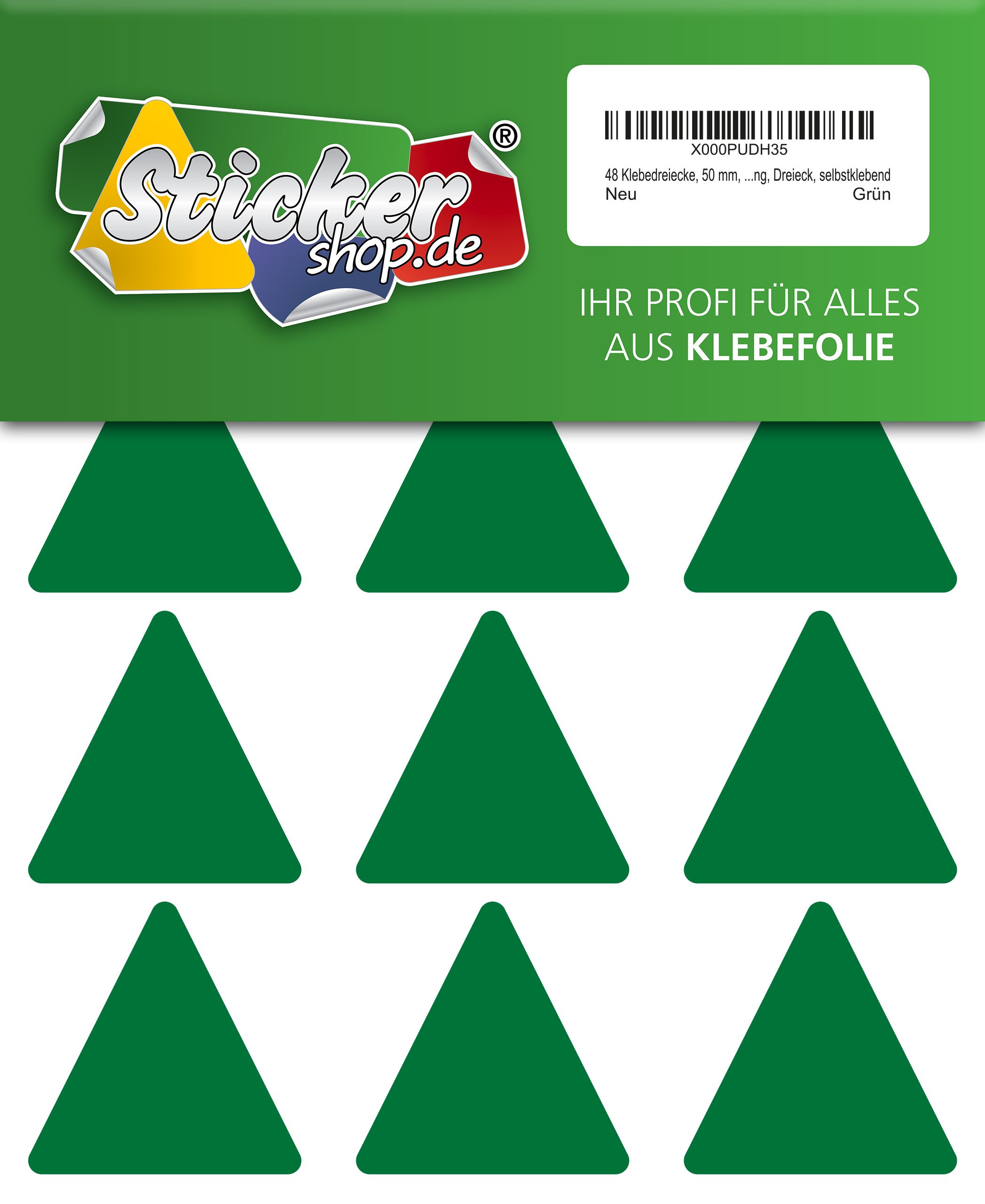 48 Triangle Stickers 50mm Green PVC Film Vinyl Gloss Self Adhesive Markers