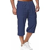 HangNiFang Men's Long Linen Shorts Below Knee Pocketed 3/4 Summer Drawstring Capri Pant