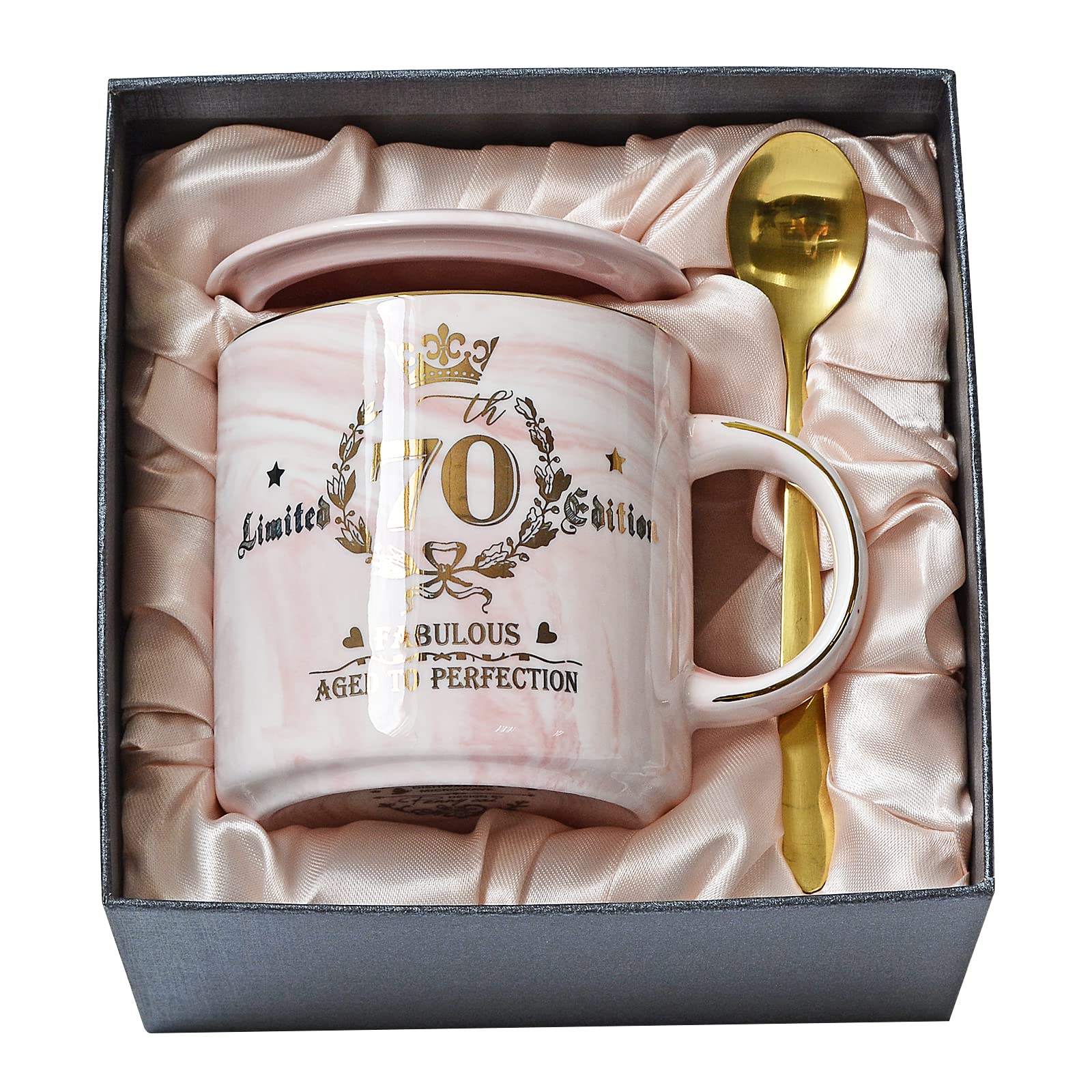 70th Birthday Gifts for Women, Fabulous 70 Aged to Perfection, 14oz Pink Ceramic Marble Coffee Mug with Golden Pattern, Unique Birthday Present for 70 Year Old Grandma Mum Auntie Wife Friend Sister