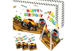 Dydamud Monster Truck Tablecloth - 3 Pcs Disposable Machine Table Cover, Checkered Tablecloth for Monster Truck Birthday Party Decorations