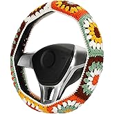 Crochet Steering Wheel Cover Set,Cute Steering Wheel Cover Boho 14-15 in,Handmade Sunflower Granny Square Decor for Women,Hippie Car Accessories (A Wheel Cover)