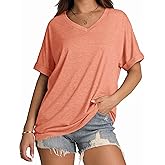 WIHOLL Womens Oversized Tshirts Summer Tops 2025 Short Sleeve V Neck Shirts Outfits Plus Size Clothes Coral M
