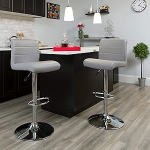 Flash Furniture 2 Pack Contemporary Gray Vinyl Adjustable Height Barstool with Rolled Seat and Chrome Base