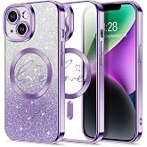 Hython for iPhone 14 Plus Case Glitter, Compatible with MagSafe Love Heart Magnetic Clear Phone Cases for Women Girls, Full Camera Protection Sparkle Plating Shockproof Protective Cover, Deep Purple