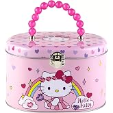 The Tin Box Company Hello Kitty Oval Carry All with Beaded Handle, Pink and White, Clasp and Hinge