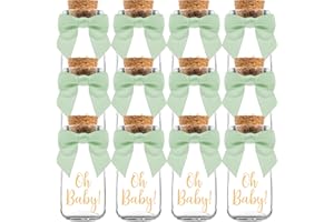 Ethisa Vintage 12 Pack Oh Baby Woodland Milk Glass Bottles with Ribbons and Stickers - Classy Baby Shower Favors for Guests and Table Centerpieces - Gender Neutral Eucalyptus Decoration - Safari Theme