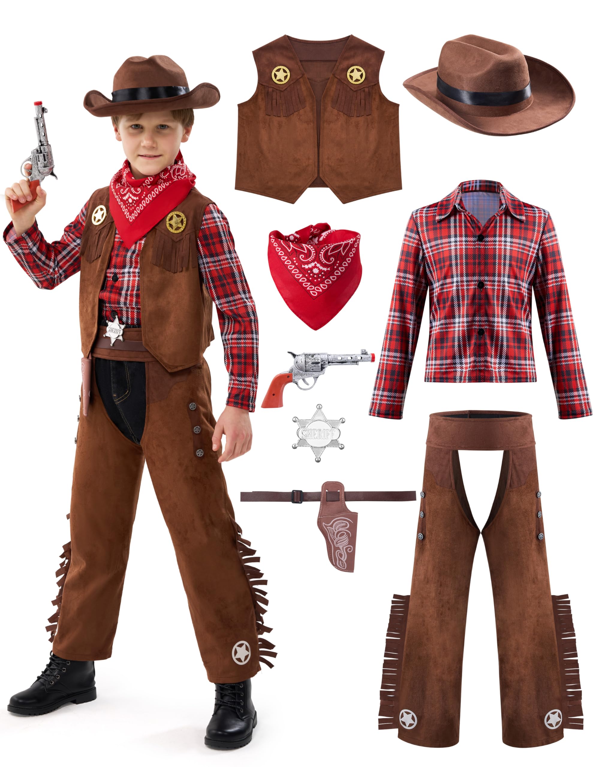 Photo 1 of Spooktacular Creations Halloween Cowboy Costume for Boys, Kids Brown Western Costume, Child Deluxe Cowboy Outfit Set for Toddler Halloween Dress-up, RolePlay Themed Party (Small, 5-7 yrs)
