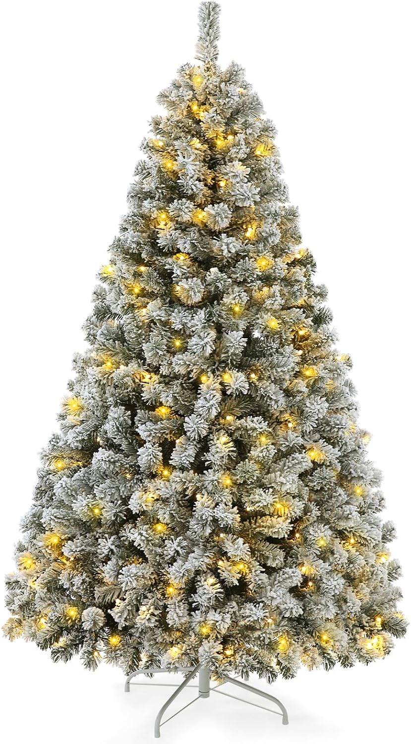 Trees - 6ft Pre-Lit Snow Flocked Artificial Holiday Christmas Tree, Premium PVC Pine Xmas Trees with Metal Stand and Warm White LED Lights for Home, Office, Party Decoration