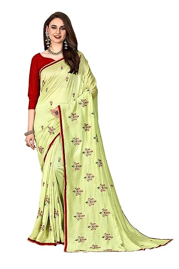 Womens Embroidery Work Vichitra Silk Saree (Pista Green)