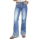 Flamingals Mid Rise Bootcut Jeans for Women with Embroidery Hem Stretchy Wash Straight Leg Jeans Causal Trendy