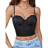 Avidlove Bustier Tops for Women V Neck Lace Bralettes Corset with Underwired Sexy Concert Crop Top Black