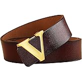 Yuangu Men's Classic Gold/Silver V-Buckle Design Soft Calfskin Belt