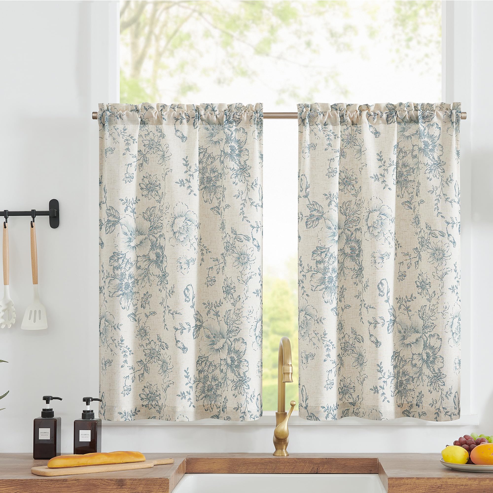 TOPICK Linen Blend Blue Floral Kitchen Curtains 24 Inch Drop Small Cafe Curtains Light Filtering Short Curtain Tiers for Bathroom Sink Rod Pocket 2 Panels — image 1