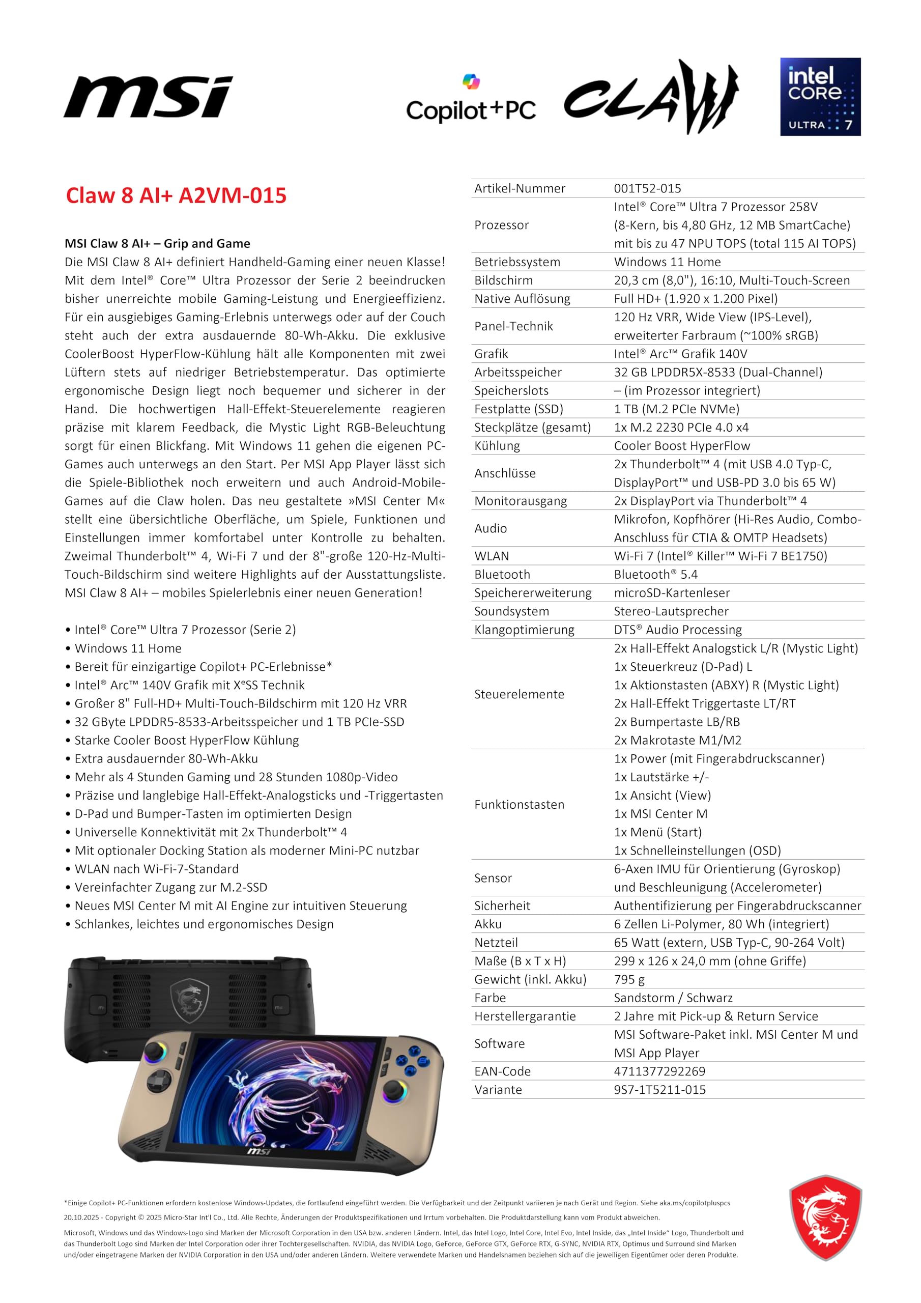 MSI Claw 8 AI+ Gaming Handheld, 8 Zoll FHD+ 120 Hz Display, Intel Core Ultra 7 Prozessor 258V, 32 GB RAM, 1 TB SSD, Intel Arc Grafik, Windows 11 Home, Schwarz/Sandstorm, A2VM-015 2