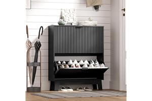 HUANLEGO Shoe Cabinet Storage for Entryway with 2 Flip Drawers, Fluted Narrow Shoe Organizer with Wooden Legs, Freestanding Slim Shoe Storage Hidden Shoe Rack Organizer for Front Door Entrance, Black