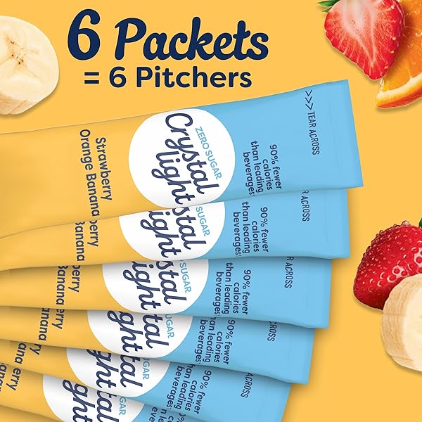 CRYSTAL LIGHT DRINK MIX, 6 PITCHER PACKETS, FOR FLAVORFUL HYDRATION AND SHAREABLE REFRESHMENT, STRAWBERRY ORANGE BANANA ARTIFICIAL FLAVOR, ZERO SUGAR, LOW CALORIE, 2.4 OZ