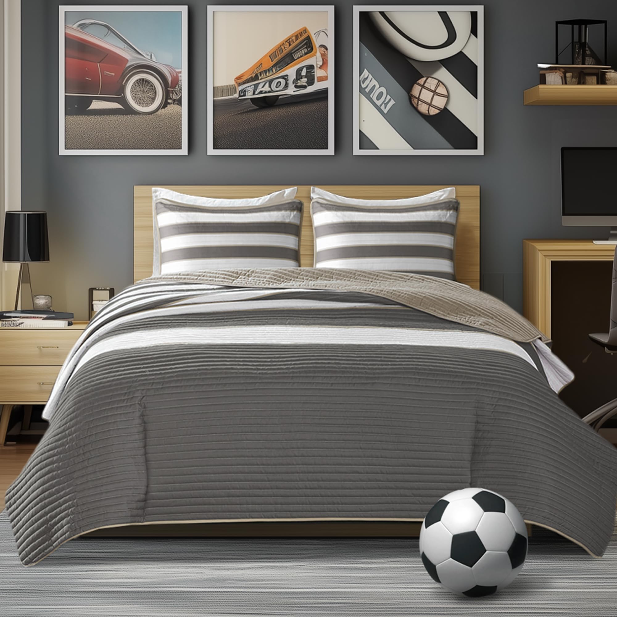 Comfort Spaces Twin Quilt Set Trendy Casual Fun, Vibrant Color Stripes Design, All Season Lightweight Coverlet Bedspread Twin Size Kids Bedding & Sham, Verone, Twin/Twin XL, Grey, 2 Piece Image