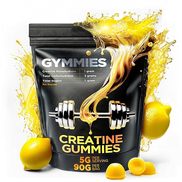 GYMMIES CREATINE MONOHYDRATE GUMMIES – MUSCLE GROWTH, PERFORMANCE, ENDURANCE – 5 GRAM CREATINE PER SERVING – VEGAN, NON-GMO, GLUTEN-FREE, MADE IN USA – 90CT – LEMON FLAVOR