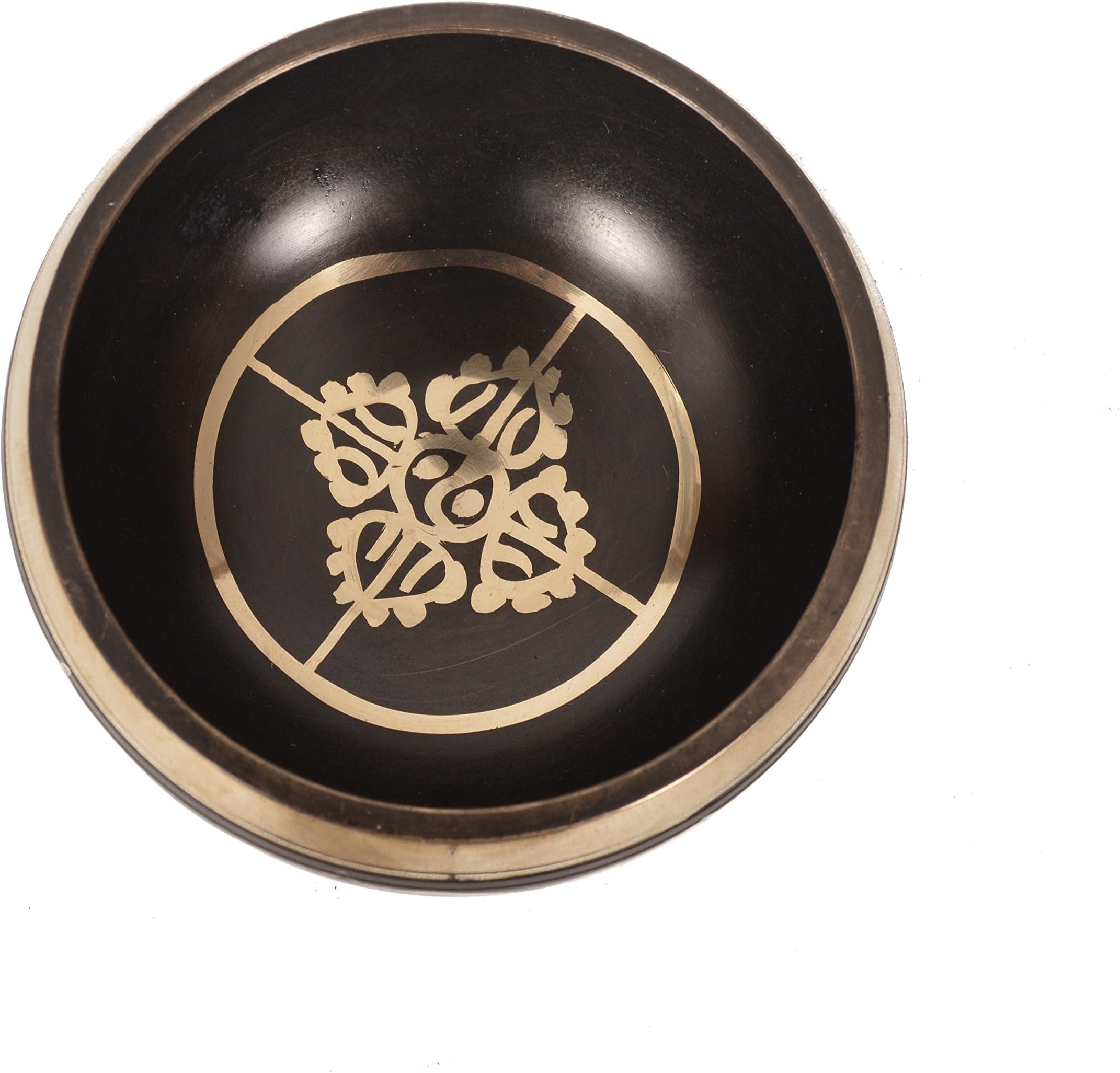 Tibetan Singing Bowl with Gold and Black Art Décor. With Carved Dharma Objects. For Mindfulness and Relaxation (8SYMB)-1 (B28)