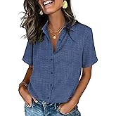 Zeagoo Button Down Shirts for Women Short Sleeve Collared Tops Dressy Casual V Neck Blouses