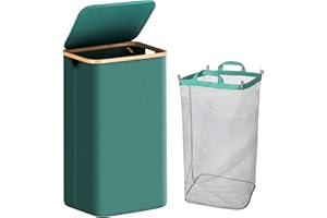 100L Laundry Basket, HYSEYY Large Laundry Hamper with Lid, Laundry Hamper with Removable Bags, Collapsible Clothes Hampers with Bamboo Handles, Freestanding Hampers for Laundry, Green