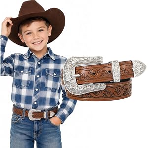 Kids Western Belt for Boys Girls Genuine Leather Adjustable Cowboy Belt | 9 Adjustable Holes Kids Western Belt, Fits 17'' to
