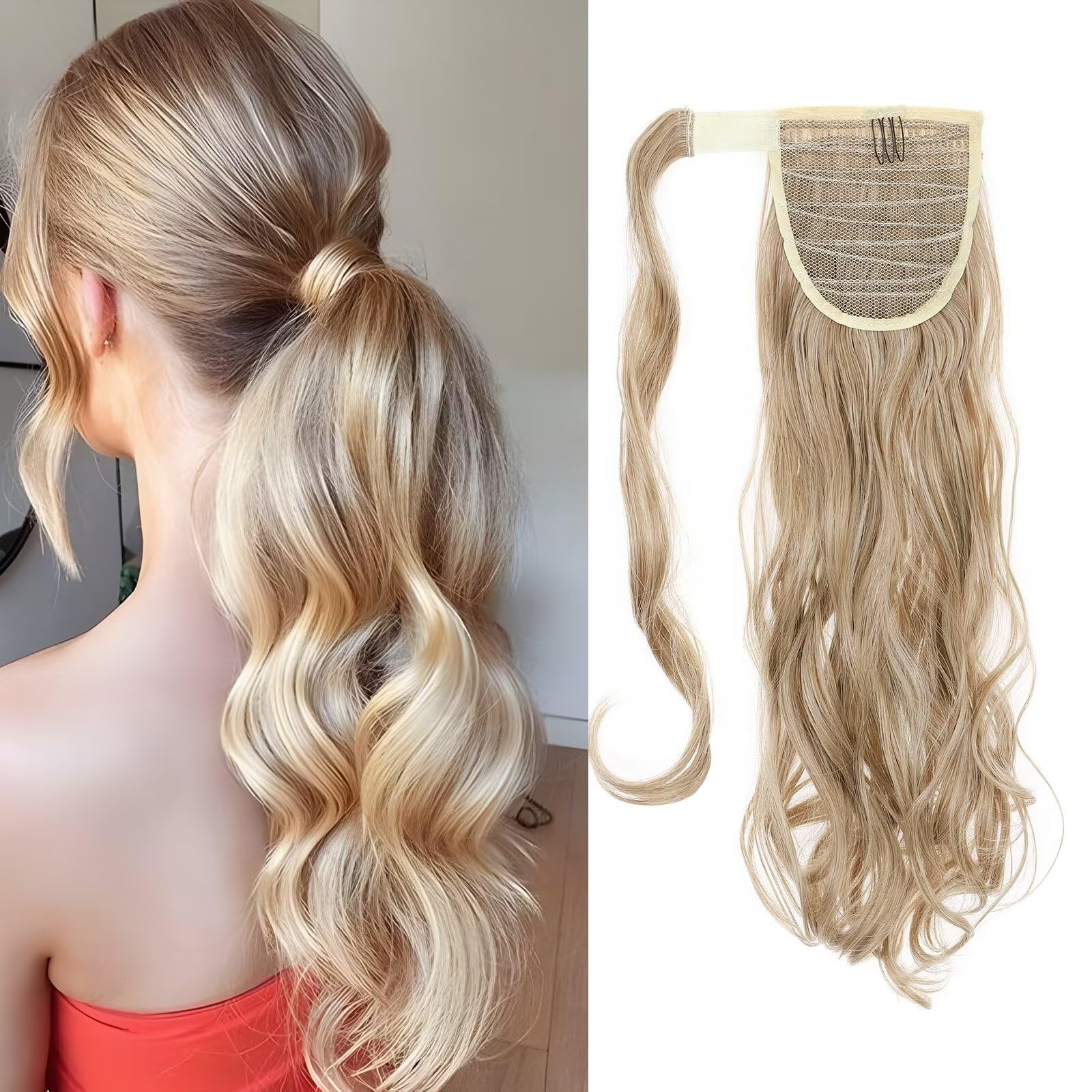 Wrap Around Ponytail Extensions 17inch Highlight Pony Tail Synthetic Clip in Hairpiece(Ash&Bleach Blond)