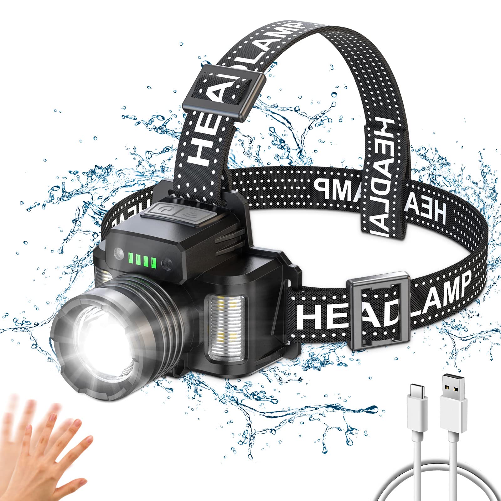 NIUAWASA Head Torch LED Headlamp Zoomable Motion Sensor Control 18000LM 24H Runtime Rechargeable Waterproof Headlights for Camping Fishing Hiking Reading Working