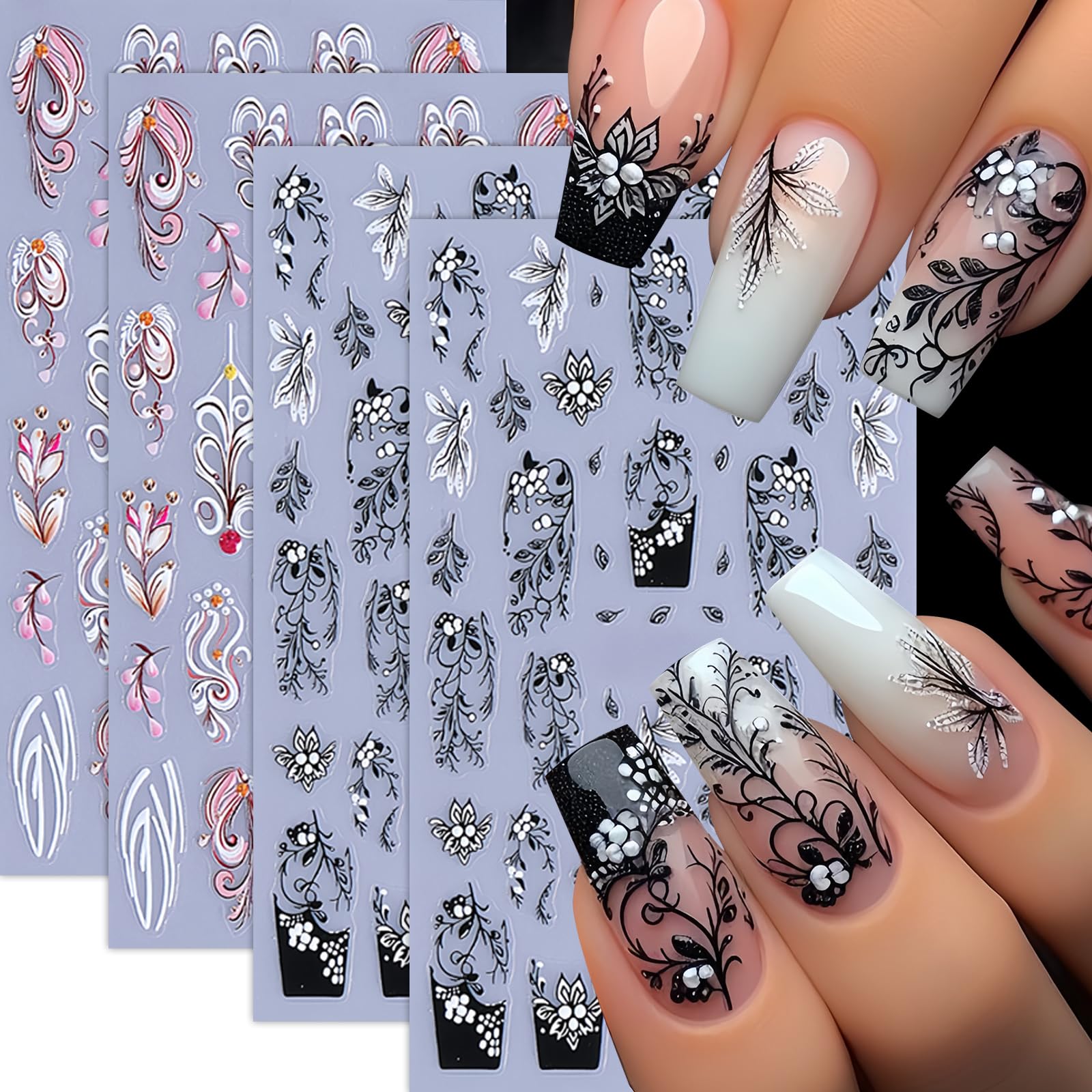 Black White Pink Vine Flowers Nail Art Stickers