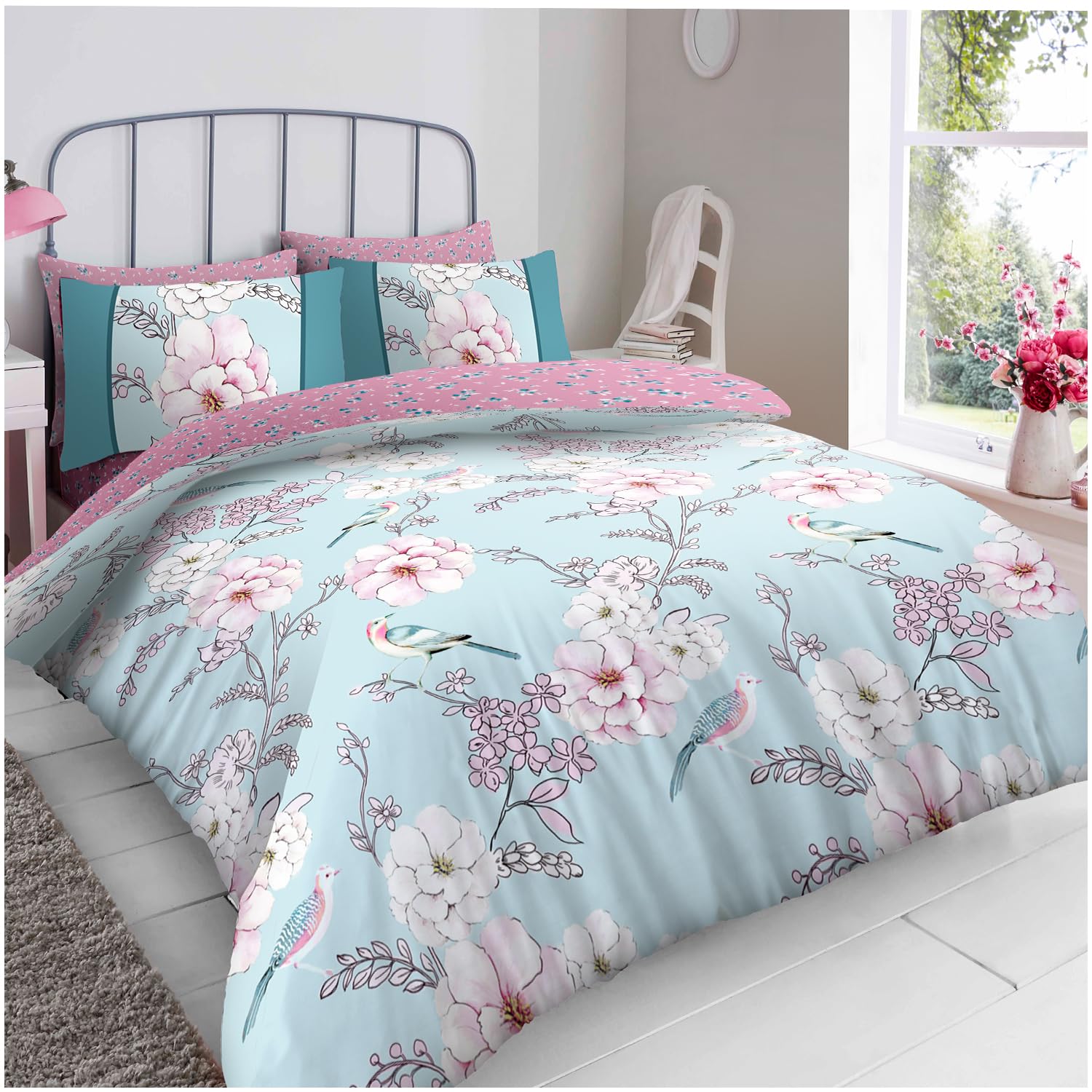GC GAVENO CAVAILIA Reversible Duvet Cover Double Bed - Blossom 3 Piece Double Bedding Set (200 x 200 m) with Button Closure - Easycare Washable Quilt Covers - Blue