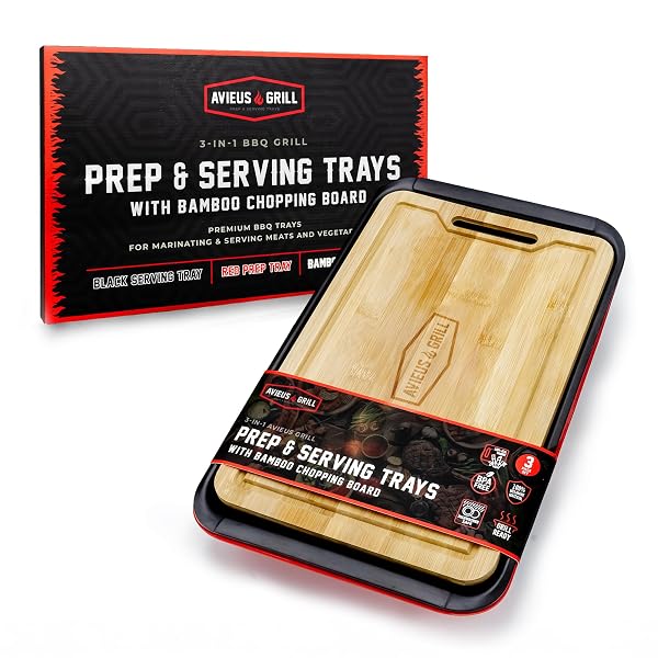 AVIEUS GRILL PREP AND SERVING TRAYS | SET OF 3 STACKABLE, MELAMINE TRAYS WITH BAMBOO CUTTING BOARD | TRAYS FOR MARINATING, SERVING & CHOPPING | SERVING PLATTER FOR PLATING FOOD & BBQ PREP TUB |