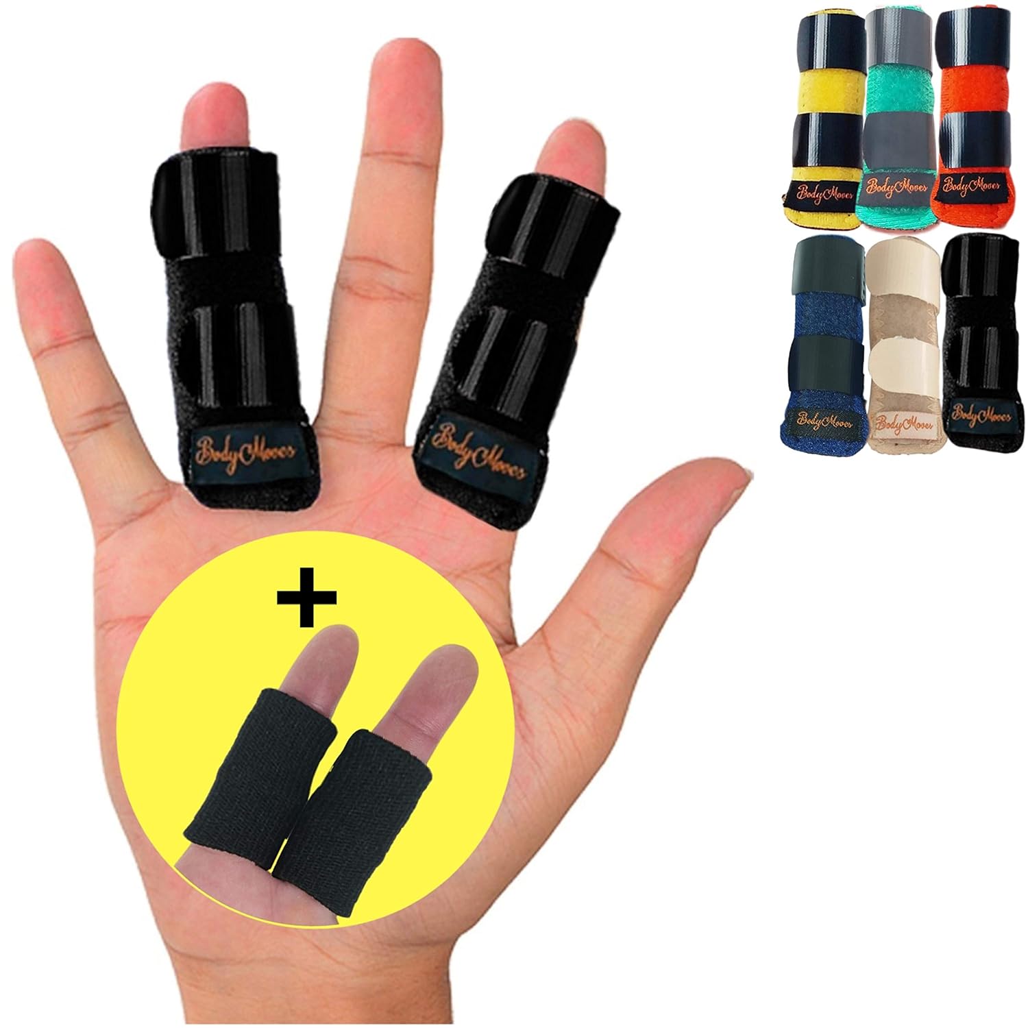 BodyMoves 2 Finger Splints plus 2 sleeves for Trigger Mallet Broken Finger brace joint support for men and women- ideal for seniors (4 pc set, Midnight Black): Health & Personal Care