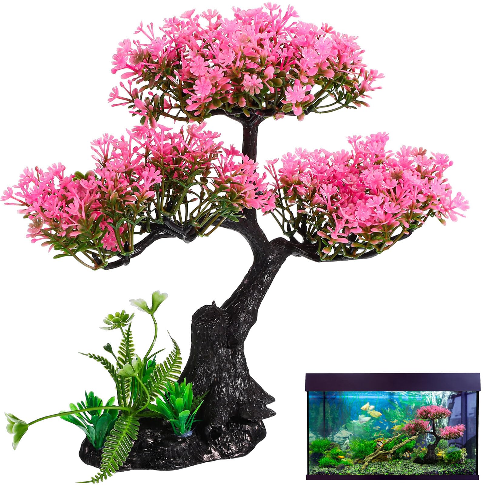 Plastic Aquarium Plants for Fish Tank, Realistic Cherry Blossom Tree & Green Water Grass, Safe for Your Aquatic Pets and Water Quality, Lifelike Artificial Plants for Nature Underwater Landscape