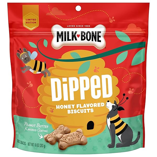 MILK-BONE DIPPED HONEY FLAVORED BISCUITS WITH PEANUT BUTTER FLAVORED COATING, 10 OZ