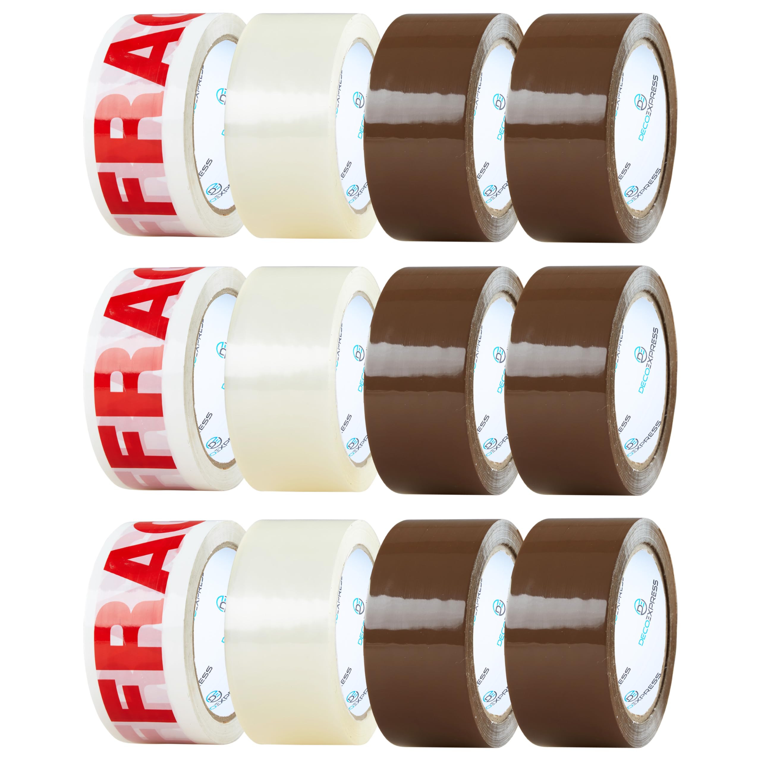 DECO EXPRESS Packing Tape Rolls Multipack Strong Brown Clear Heavy Duty Fragile Moving Essentials for Packing Boxes Moving House (Mix 12 Rolls)