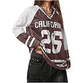 SOLY HUX Women's Y2k Blokette Jersey Shirts Oversized Mesh Number Graphic Tees V Neck Long Sleeve T Shirt Tops