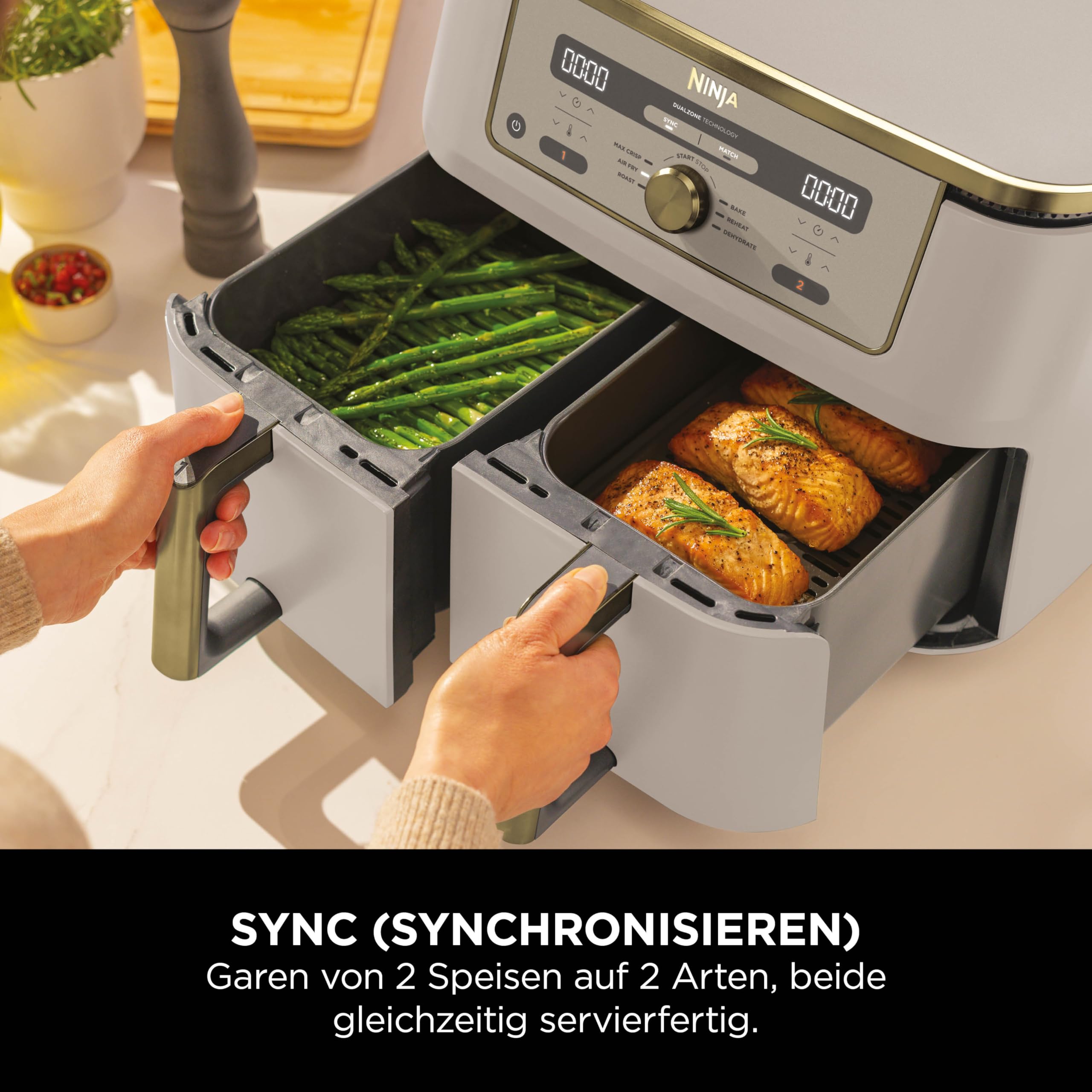Ninja Dual Zone Digital Air Fryer, 2 Schubladen, 6-in-1, Heißluftfritteuse, 9,5L, Heißluft-Frittieren, Max Crisp, Rösten, Backen, Aufwärmen, Spülmaschinenfeste Körbe, Stone/Gold DZ400EUSTGD