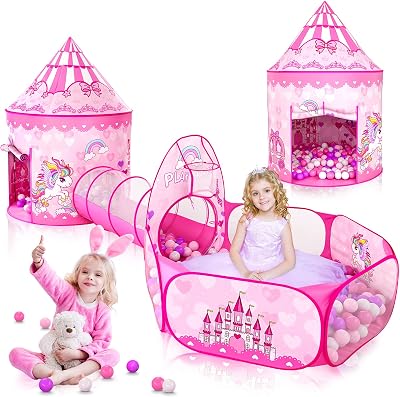 SENODEER 3PC Princess Tent Playset for Girls Pink Indoor Outdoor Kids Tent Ball